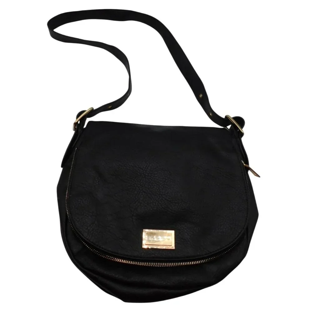 Juicy Couture Black Faux Leather Saddle Bag Shoulder Bag Purse Y2K